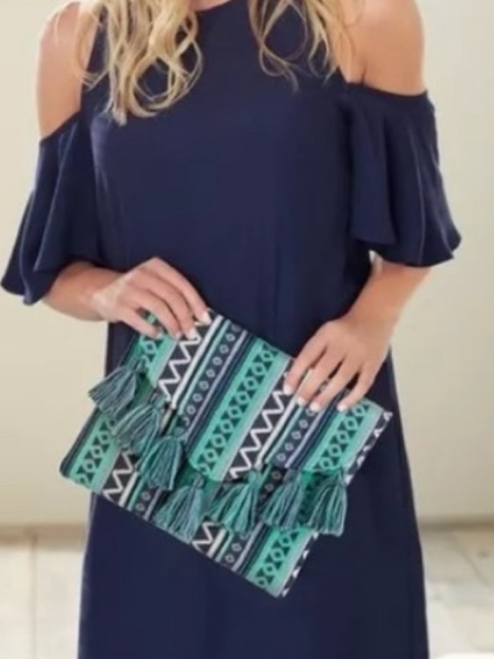 Mud Pie blue woven tassel fringe envelope clutch boho bag purse